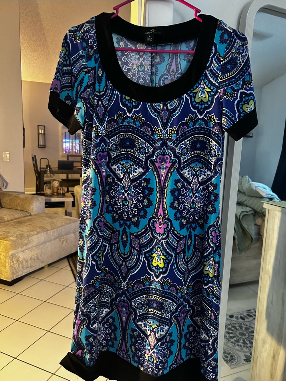Ronni Nicole Blue Purple Paisley Print Short Sleeve Dress